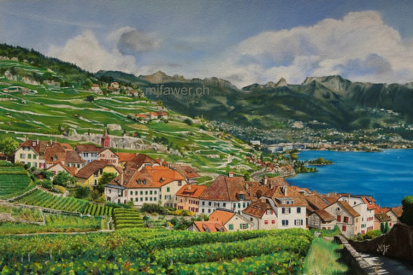 Paysage du Lavaux - Rivaz, pastel sec 30x40cm