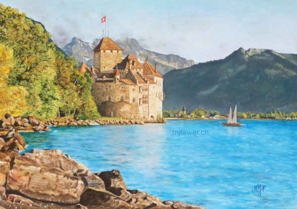 Le château de Chillon de Courbet à nos jours, pastel sec, 21x30cm, vendu